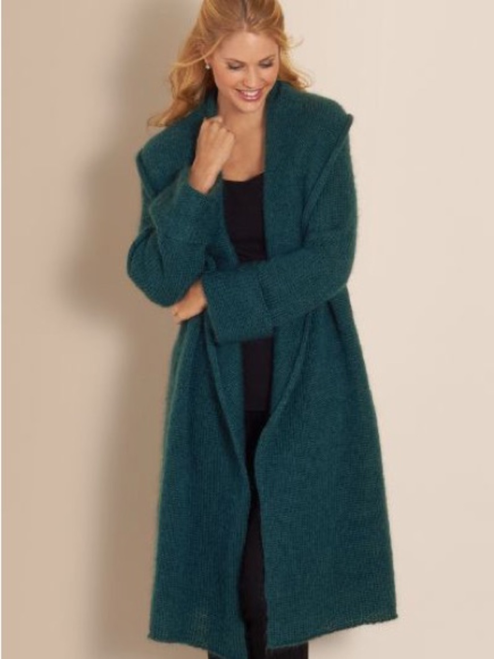 Soft Surroundings Teal Open-Front Long Knit Cardigan